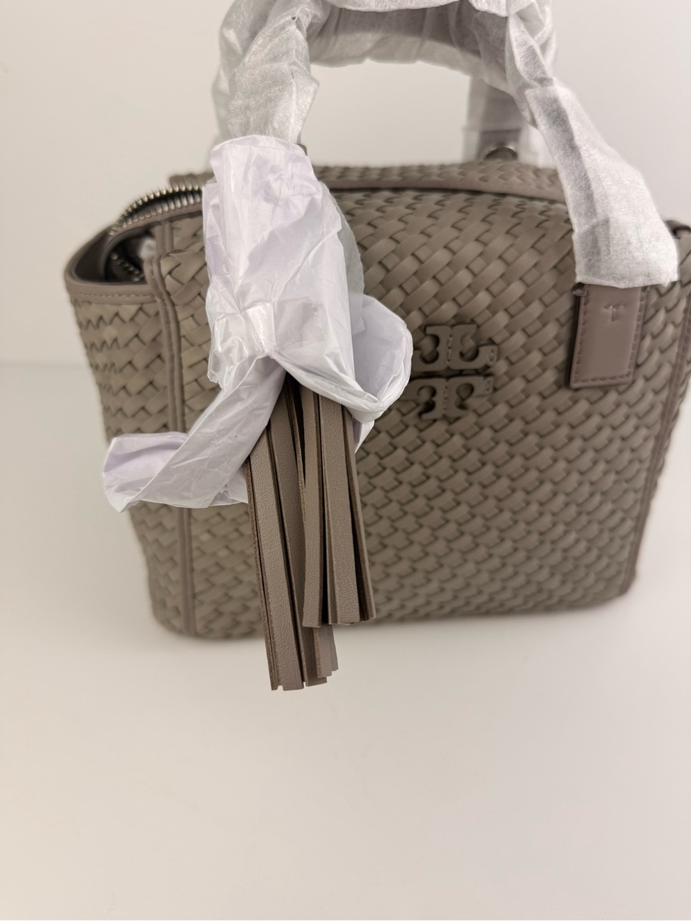 Tory Burch Thea Woven Mini Slouchy Satchel French Gray Leather Handbag $595 - Picture 9 of 14